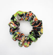 Load image into Gallery viewer, Black Colorful Elegant Kimono Scrunchies, Upcycled Handmade Gift
