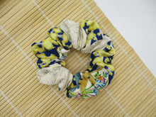 Load image into Gallery viewer, Yellow Blue Silk Kimono Scrunchie Vintage Fabric Accessory