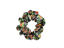 Load image into Gallery viewer, Black Floral Silk Kimono Scrunchies, Japanese Fabric Hair Tie