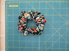 Load image into Gallery viewer, Black Floral Silk Kimono Scrunchies, Japanese Fabric Hair Tie