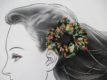 Load image into Gallery viewer, Black Floral Silk Kimono Scrunchies, Japanese Fabric Hair Tie