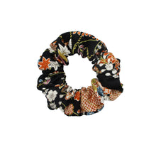 Load image into Gallery viewer, Floral Black Kimono Scrunchies, Japanese Vintage Silk Fabric Accessory