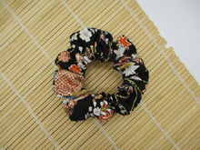 Load image into Gallery viewer, Floral Black Kimono Scrunchies, Japanese Vintage Silk Fabric Accessory