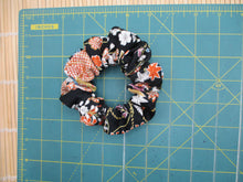Load image into Gallery viewer, Floral Black Kimono Scrunchies, Japanese Vintage Silk Fabric Accessory