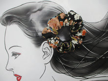 Load image into Gallery viewer, Floral Black Kimono Scrunchies, Japanese Vintage Silk Fabric Accessory