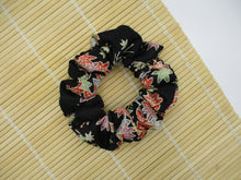 Load image into Gallery viewer, Black Momiji Kimono Scrunchies, Japanese Vintage Silk Fabric Accessory