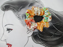Load image into Gallery viewer, Kimono Scrunchies, Fabric Hair Tie, Ship from USA Orange White Lovely Floral