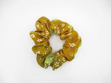 Load image into Gallery viewer, Handmade Scrunchies, Japanese Silk Kimono Upcycled Hair Tie Simple Yellow Brown
