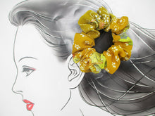 Load image into Gallery viewer, Handmade Scrunchies, Japanese Silk Kimono Upcycled Hair Tie Simple Yellow Brown