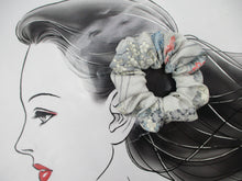 Load image into Gallery viewer, Light Blue Gray Floral Recycled Silk Kimono Scrunchie, Ship from USA