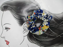 Load image into Gallery viewer, Floral Blue Silk Kimono Scrunchies, Vintage Kimono Fabric Hair Tie
