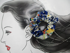 Floral Blue Silk Kimono Scrunchies, Vintage Kimono Fabric Hair Tie