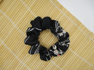 Black Silk Kimono Scrunchies, Japanese Fabric Hair Tie Elegant Floral
