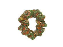 Load image into Gallery viewer, Japanese Kimono Scrunchy, Upcycled Handmade Silk Hair Tie Floral Green Brown