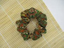Load image into Gallery viewer, Japanese Kimono Scrunchy, Upcycled Handmade Silk Hair Tie Floral Green Brown