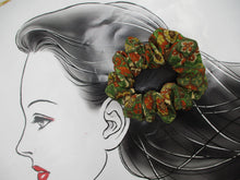 Load image into Gallery viewer, Japanese Kimono Scrunchy, Upcycled Handmade Silk Hair Tie Floral Green Brown