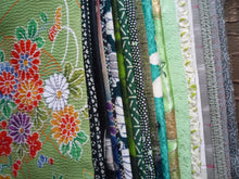 Load image into Gallery viewer, Green Japanese Fabric Set, Silk Recycled Fabric Remnants Set