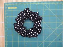 Load image into Gallery viewer, Black Polka Dots Silk Kimono Scrunchies, Vintage Kimono Fabric Hair Tie
