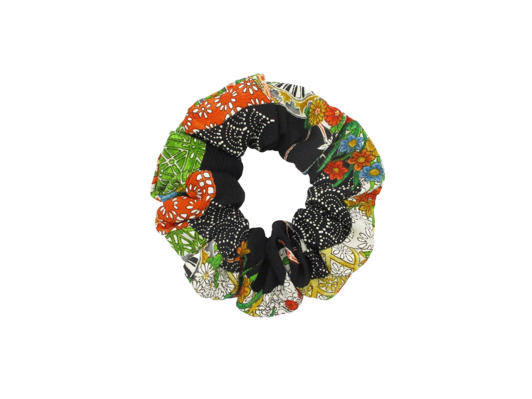 Vintage Upcycled Silk Kimono Scrunchies, Ship from USA Black Floral