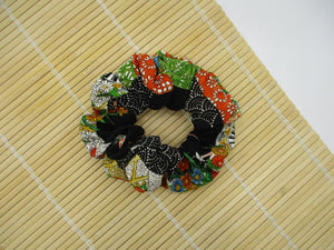 Vintage Upcycled Silk Kimono Scrunchies, Ship from USA Black Floral