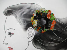Load image into Gallery viewer, Vintage Upcycled Silk Kimono Scrunchies, Ship from USA Black Floral
