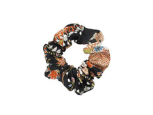 Load image into Gallery viewer, Floral Black Kimono Scrunchies, Japanese Vintage Silk Fabric Accessory
