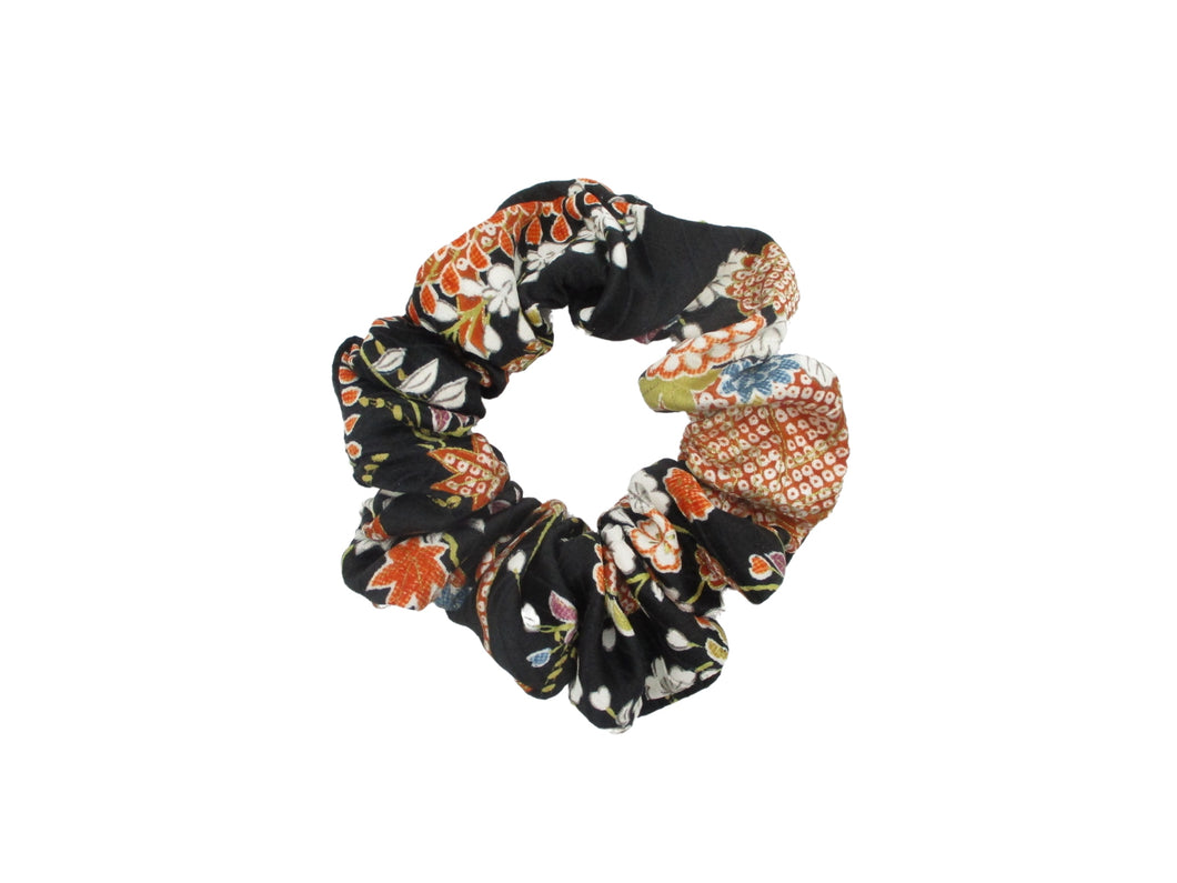 Floral Black Kimono Scrunchies, Japanese Vintage Silk Fabric Accessory