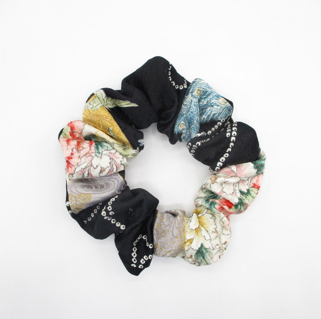 Vintage Silk Kimono Fabric Scrunchies, Japanese Hair Tie Ship from USA Black X Floral