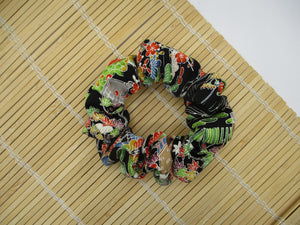 Black Colorful Elegant Kimono Scrunchies, Upcycled Handmade Gift