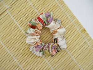 Floral Elegant Silk Kimono Scrunchies, Vintage Kimono Fabric Hair Tie