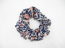 Load image into Gallery viewer, Navy Blue Floral Vintage Silk Kimono Fabric Scrunchies, Handmade
