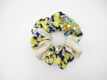 Load image into Gallery viewer, Yellow Blue Silk Kimono Scrunchie Vintage Fabric Accessory
