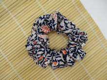 Load image into Gallery viewer, Navy Blue Floral Vintage Silk Kimono Fabric Scrunchies, Handmade
