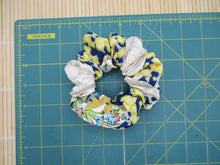 Load image into Gallery viewer, Yellow Blue Silk Kimono Scrunchie Vintage Fabric Accessory

