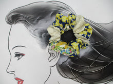 Load image into Gallery viewer, Yellow Blue Silk Kimono Scrunchie Vintage Fabric Accessory
