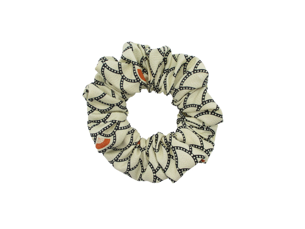Simple Japanese Vintage Silk Kimono Scrunchies Black and White with Accents