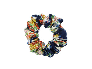 Tiny Flowers Blue Silk Kimono Simple Scrunchies, Upcycle Handmade