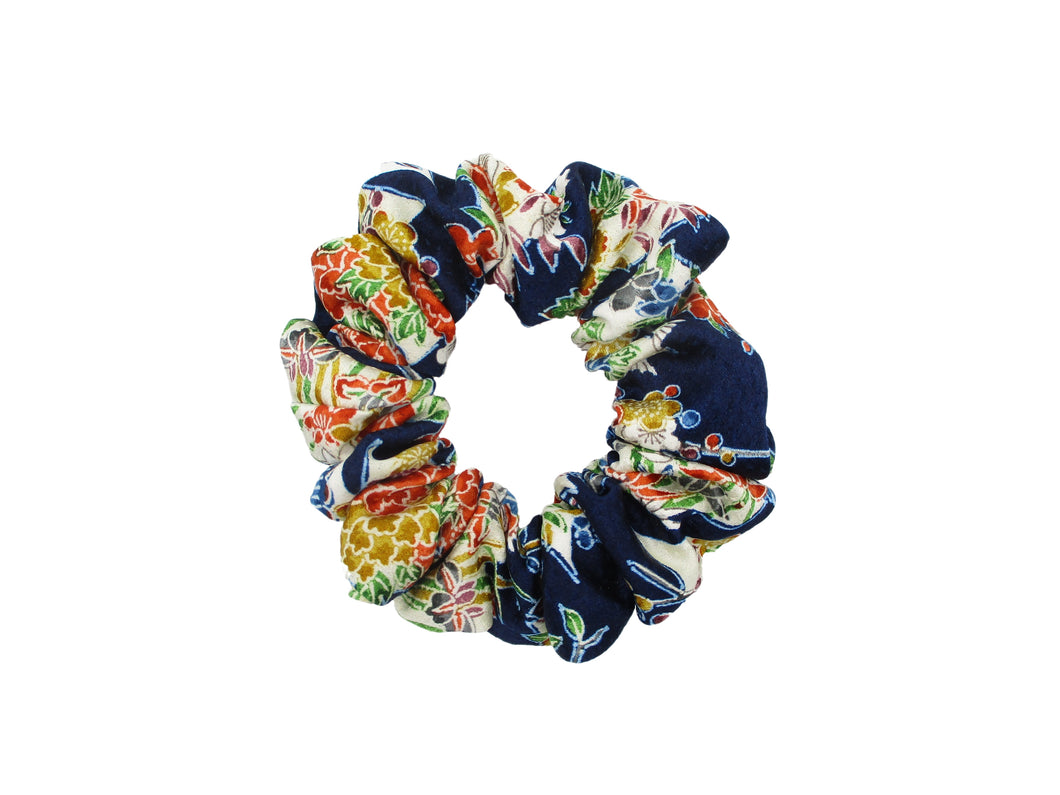 Tiny Flowers Blue Silk Kimono Simple Scrunchies, Upcycle Handmade