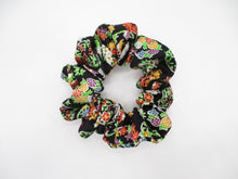 Load image into Gallery viewer, Black Floral Silk Kimono Scrunchies, Japanese Fabric Hair Tie
