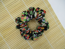 Load image into Gallery viewer, Black Floral Silk Kimono Scrunchies, Japanese Fabric Hair Tie
