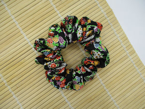 Black Floral Silk Kimono Scrunchies, Japanese Fabric Hair Tie