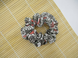 Gray Floral Eco Friendly Silk Kimono Scrunchies Elegant Upcycled