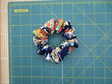 Load image into Gallery viewer, Tiny Flowers Blue Silk Kimono Simple Scrunchies, Upcycle Handmade
