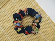 Load image into Gallery viewer, Kimono Scrunchies, Floral Statement Japanese Fabric Scrunchy Blue
