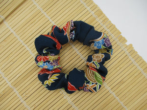 Kimono Scrunchies, Floral Statement Japanese Fabric Scrunchy Blue