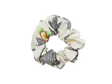Load image into Gallery viewer, Black X White Floral Beautiful Silk Kimono Scrunchies, Vintage Eco Friendly
