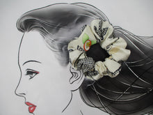 Load image into Gallery viewer, Black X White Floral Beautiful Silk Kimono Scrunchies, Vintage Eco Friendly
