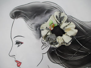 Black X White Floral Beautiful Silk Kimono Scrunchies, Vintage Eco Friendly