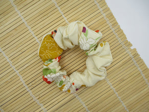 Cream White Floral Vintage Kimono Scrunchies, Ship from USA