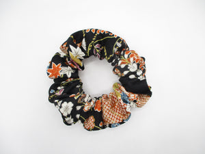 Floral Black Kimono Scrunchies, Japanese Vintage Silk Fabric Accessory